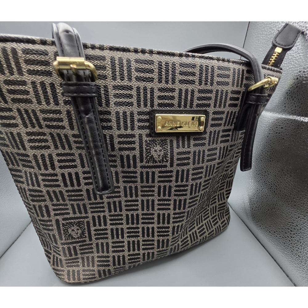 Anne Klein Monogram Jacquard Tote Shoulder Bag Black Tan Gold Hardware